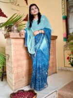 Light Dark Blue Shaded Georgette Bandhej Print Gotta Patti Kardhana Work Saree with Blouse