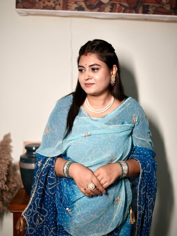 Light Dark Blue Shaded Georgette Bandhej Print Gotta Patti Kardhana Work Saree with Blouse