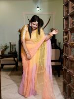 Pink Yellow Peach Multi Pure Diamond Chiffon Aari Taari Jaal Handwork Saree