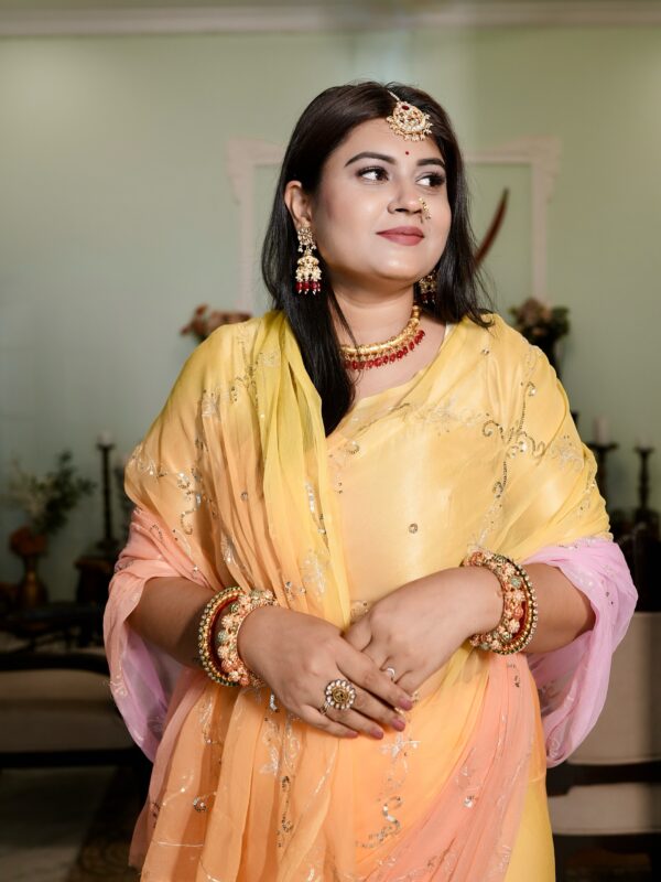 Pink Yellow Peach Multi Pure Diamond Chiffon Aari Taari Jaal Handwork Saree