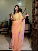 Pink Yellow Peach Multi Pure Diamond Chiffon Aari Taari Jaal Handwork Saree