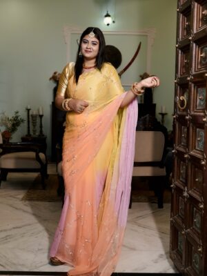Pink Yellow Peach Multi Pure Diamond Chiffon Aari Taari Jaal Handwork Saree