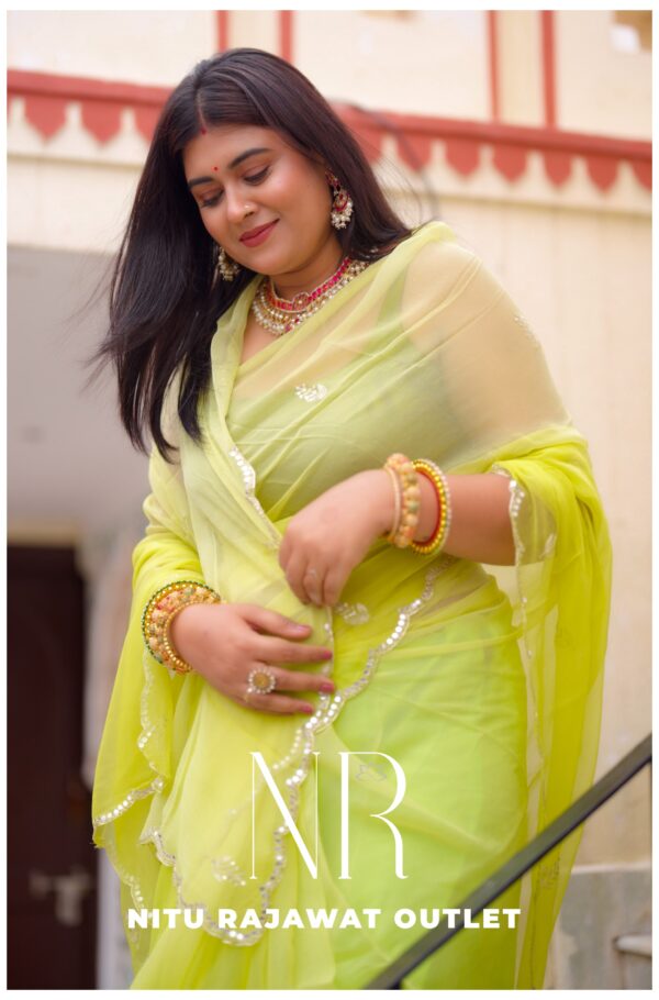 Lime Green Diamond Chiffon Aari Sequins Mirror Handwork Saree