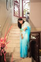 Blue Sea Green Shaded Diamond Chiffon Aari Sequins Handwork Saree