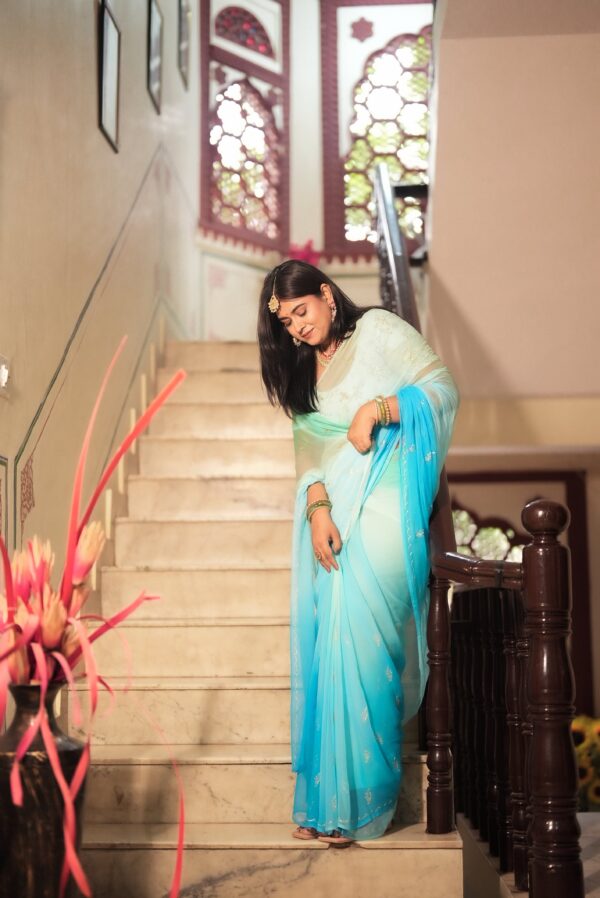 Blue Sea Green Shaded Diamond Chiffon Aari Sequins Handwork Saree