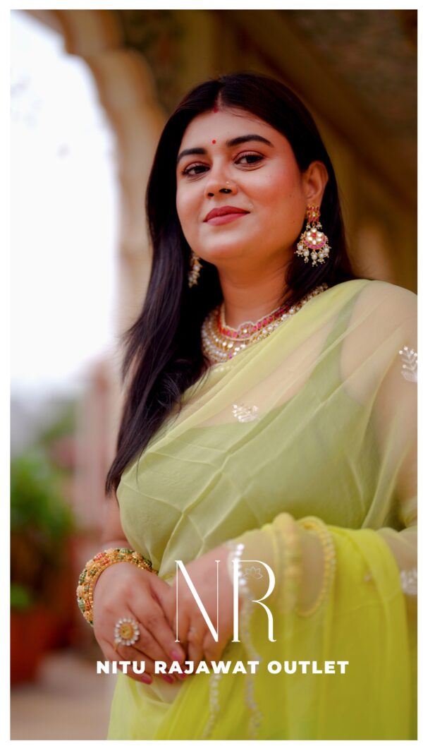 Lime Green Diamond Chiffon Aari Sequins Mirror Handwork Saree