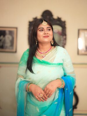 Blue Sea Green Shaded Diamond Chiffon Aari Sequins Handwork Saree