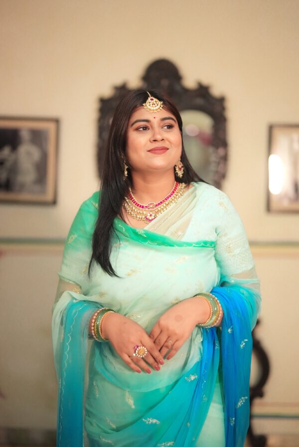 Blue Sea Green Shaded Diamond Chiffon Aari Sequins Handwork Saree