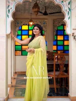Lime Green Diamond Chiffon Aari Sequins Mirror Handwork Saree