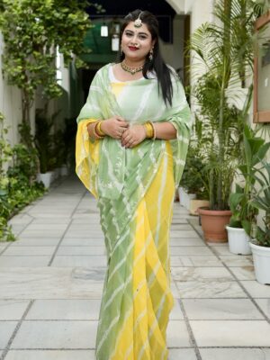 Green Yellow Lehriya Diamond Chiffon Saree Sequins & Zari Work