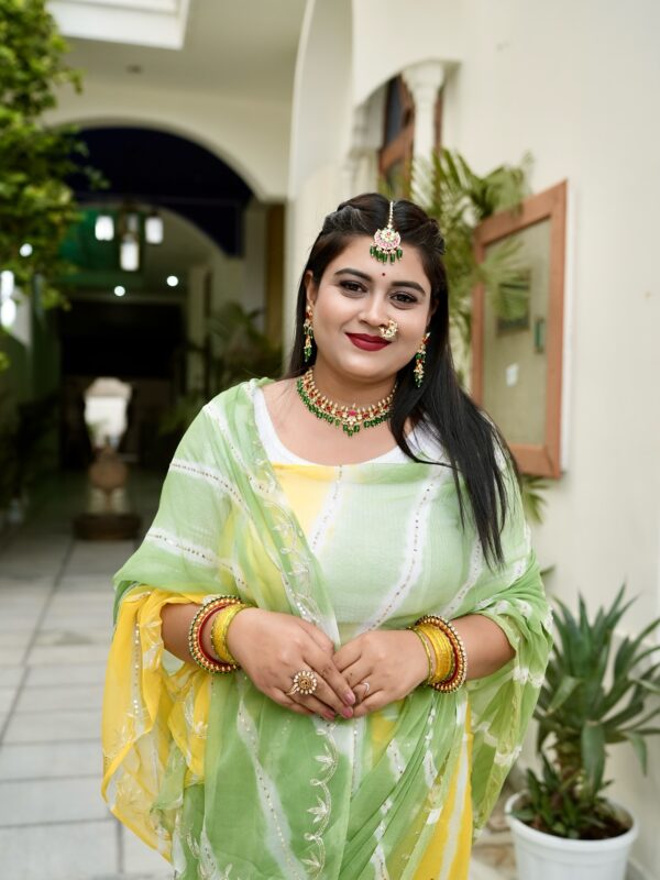 Green Yellow Lehriya Diamond Chiffon Saree Sequins & Zari Work