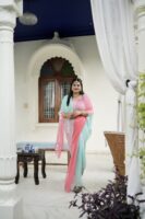 Pink Sea Green Pure Diamond Chiffon Shaded Kardhana Sequins Booti Work Saree with Blouse