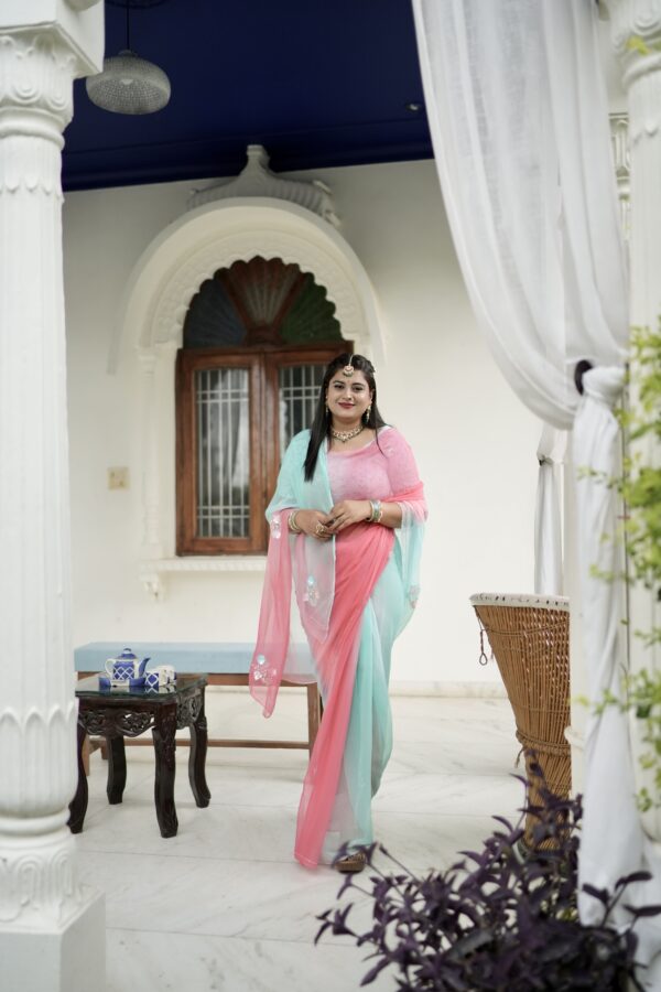 Pink Sea Green Pure Diamond Chiffon Shaded Kardhana Sequins Booti Work Saree with Blouse