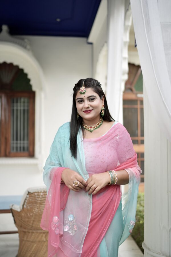 Pink Sea Green Pure Diamond Chiffon Shaded Kardhana Sequins Booti Work Saree with Blouse