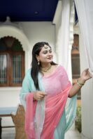 Pink Sea Green Pure Diamond Chiffon Shaded Kardhana Sequins Booti Work Saree with Blouse