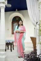 Pink Sea Green Pure Diamond Chiffon Shaded Kardhana Sequins Booti Work Saree with Blouse