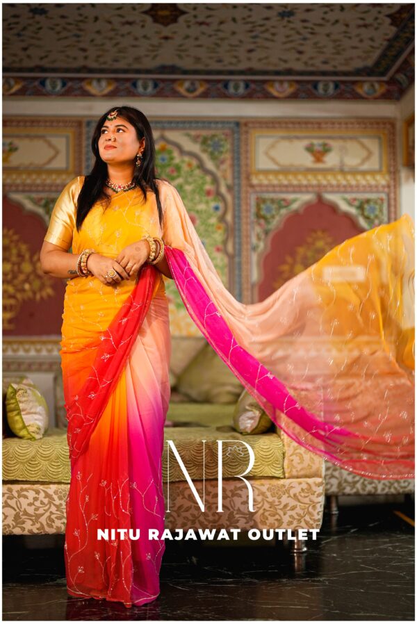 Multi Diamond Chiffon Kardhana Jaal Handwork Saree with Blouse