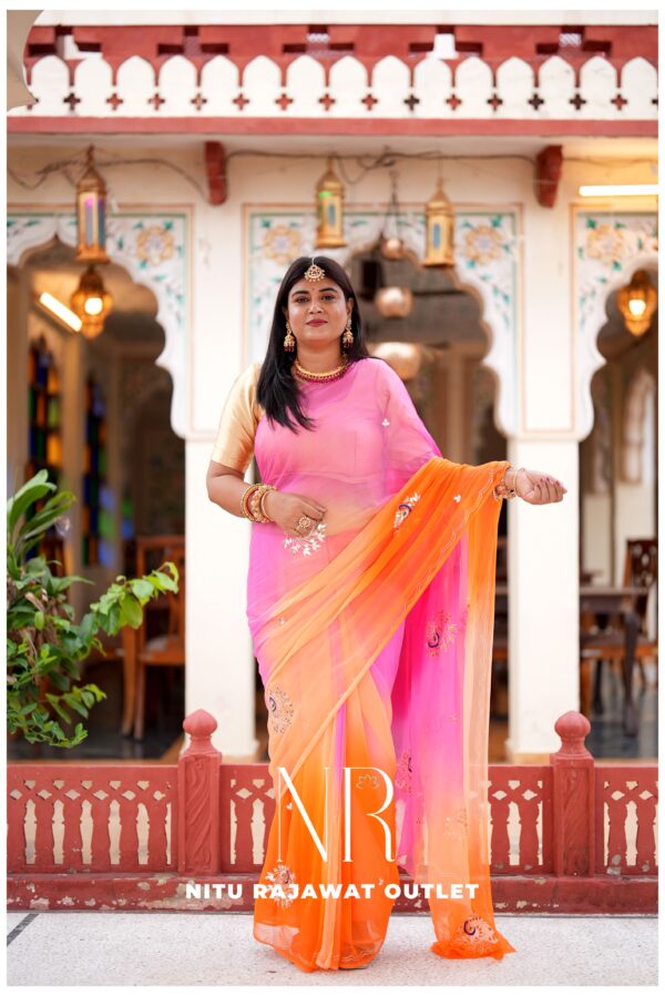 Pink Orange Peach Diamond Chiffon Multi Gotta Patti Aari Sequins Peacock Handwork Saree