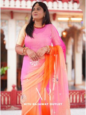 Pink Orange Peach Diamond Chiffon Multi Gotta Patti Aari Sequins Peacock Handwork Saree