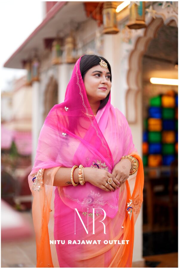 Pink Orange Peach Diamond Chiffon Multi Gotta Patti Aari Sequins Peacock Handwork Saree