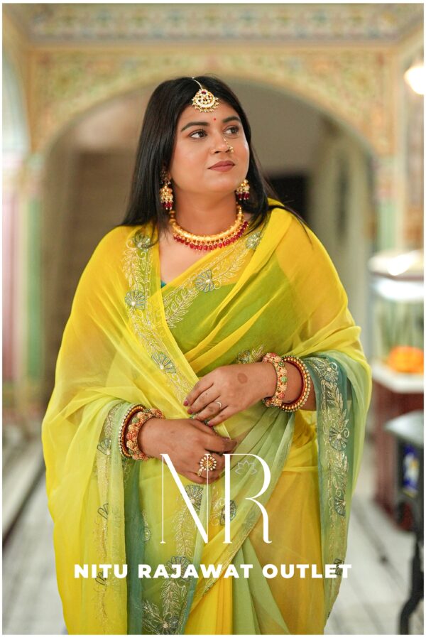 Yellow Green Pure Diamond Chiffon Aari Taari Work Saree with Blouse