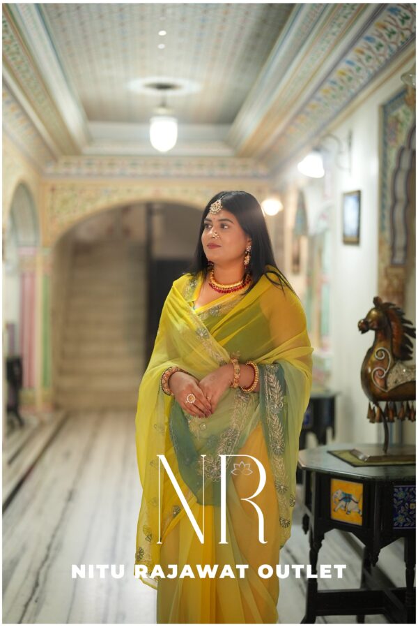 Yellow Green Pure Diamond Chiffon Aari Taari Work Saree with Blouse