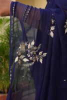 Navy blue Pure diamond chiffon Aari Taari work Saree with blouse