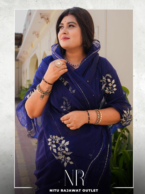 Navy blue Pure diamond chiffon Aari Taari work Saree with blouse