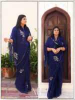 Navy blue Pure diamond chiffon Aari Taari work Saree with blouse