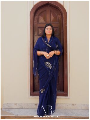 Navy blue Pure diamond chiffon Aari Taari work Saree with blouse