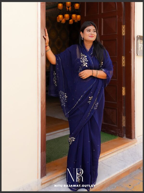 Navy blue Pure diamond chiffon Aari Taari work Saree with blouse