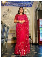 Light Dark Pink Shaded Pure Diamond Chiffon Aari Taari Work Saree with Blouse