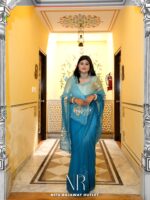 Teal Blue Shaded Pure Diamond Chiffon Aari Taari Work Butta Saree With Blouse