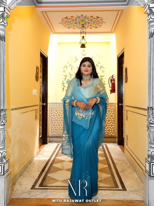 Teal Blue Shaded Pure Diamond Chiffon Aari Taari Work Butta Saree With Blouse