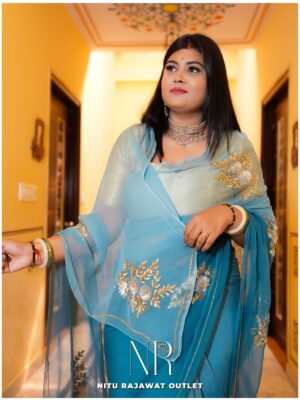 Teal Blue Shaded Pure Diamond Chiffon Aari Taari Work Butta Saree With Blouse