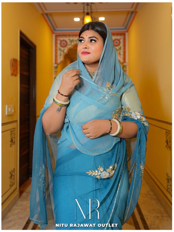 Teal Blue Shaded Pure Diamond Chiffon Aari Taari Work Butta Saree With Blouse