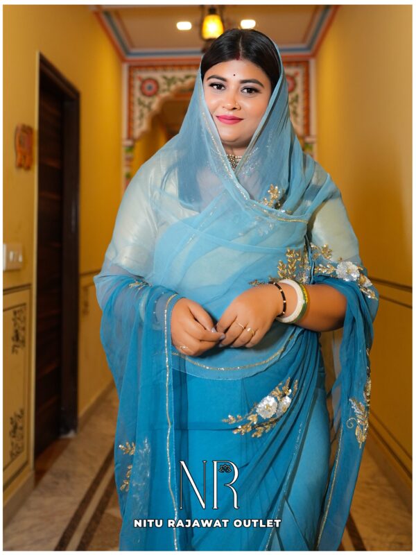 Teal Blue Shaded Pure Diamond Chiffon Aari Taari Work Butta Saree With Blouse