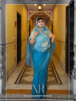 Teal Blue Shaded Pure Diamond Chiffon Aari Taari Work Butta Saree With Blouse