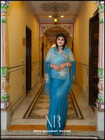 Teal Blue Shaded Pure Diamond Chiffon Aari Taari Work Butta Saree With Blouse