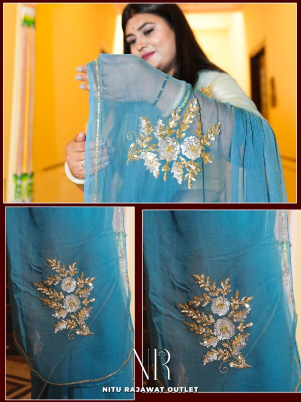 Teal Blue Shaded Pure Diamond Chiffon Aari Taari Work Butta Saree With Blouse
