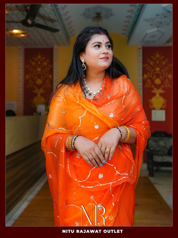 Orange Yellow Shaded Pure Diamond Chiffon Sequins Tikki Jaal Work Saree with Blouse